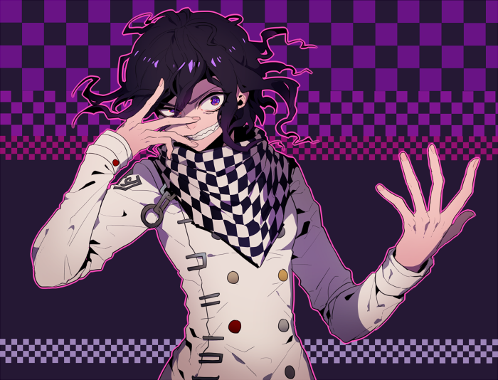 1boy belt_buckle black_scarf buckle buttons checkered_background checkered_clothes checkered_scarf commentary crazy crazy_eyes crazy_grin danganronpa_(series) danganronpa_v3:_killing_harmony fingernails floating_hair hair_between_eyes hand_on_own_face jacket kogarashi_8 long_sleeves looking_at_viewer male_focus messy_hair oma_kokichi outline outstretched_hand pink_outline purple_background purple_eyes purple_hair scarf shaded_face sharp_teeth short_hair simple_background solo teeth two-tone_scarf upper_body white_jacket white_scarf white_sleeves wide-eyed