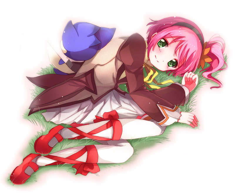 ankle_lace-up bad_id bad_pixiv_id cross-laced_footwear dress efu full_body green_eyes hair_ornament hairband kanonno_grassvalley leaf_hair_ornament lying pantyhose pink_hair rocksprings shoe_ribbon shoes short_hair side_ponytail smile solo tales_of_(series) tales_of_the_world_radiant_mythology_3 white_legwear