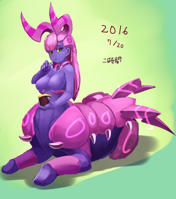 abstract_background anthro anthrofied breasts dated dessert eating eating_food featureless_breasts female food generation_5_pokemon green_eyes hair holding_food holding_object horn ice_cream looking_at_viewer ni_jikan nintendo nude pink_hair pokemon pokemon_(species) pokemorph purple_body scolipede segmented_body signature sitting solo spikes spikes_(anatomy) spoon_in_mouth taur