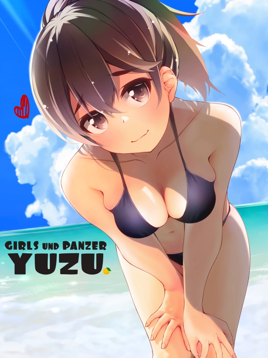 1girl bikini black_bikini blue_sky breasts brown_eyes brown_hair character_name chuutaro_metal closed_mouth cloud cloudy_sky copyright_name day english_text food fruit girls_und_panzer halterneck hands_on_own_knees head_tilt heart horizon koyama_yuzu leaning_forward looking_at_viewer medium_breasts medium_hair navel ocean outdoors ponytail sky smile solo swimsuit yuzu_(fruit)