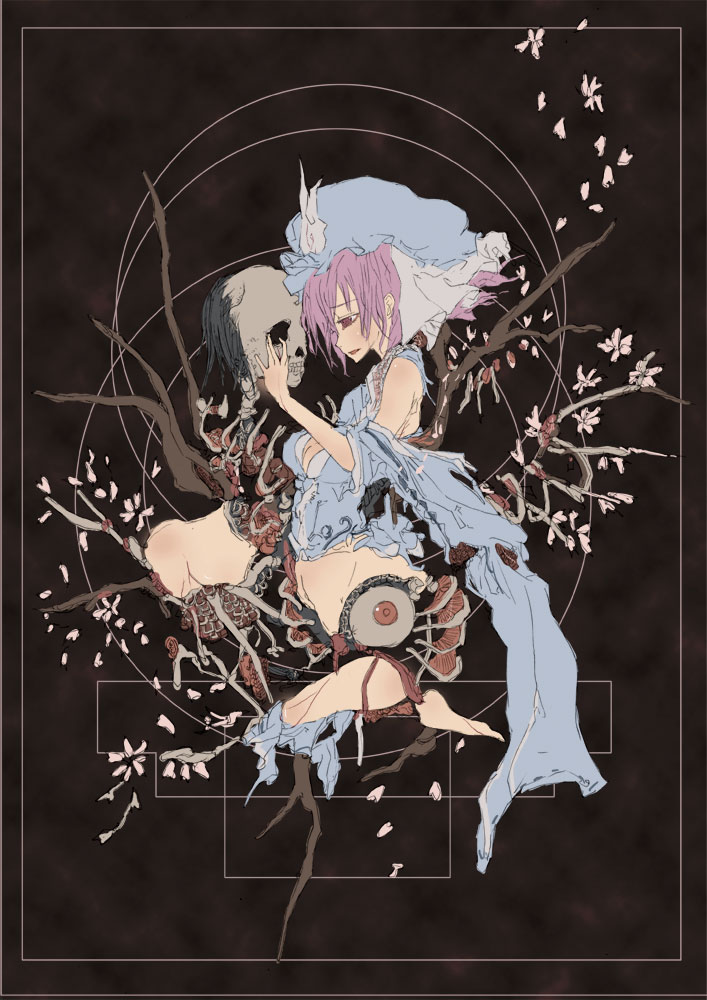 barefoot breasts cherry_blossoms cleavage eyes feet guro hat japanese_clothes medium_breasts open_mouth pink_eyes pink_hair rib:y(uhki) saigyouji_yuyuko skeleton skull solo surreal torn_clothes touhou tree triangular_headpiece