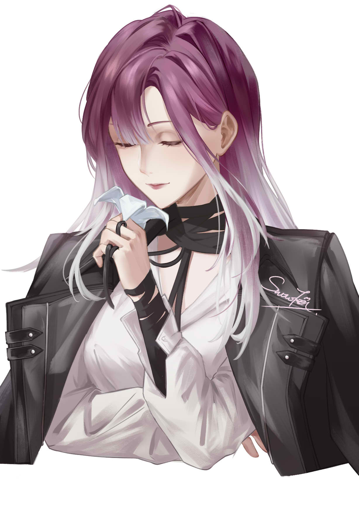 1girl arm_wrap black_coat closed_eyes coat coat_on_shoulders cropped_torso crossed_arms flower gradient_hair hand_up highres holding holding_flower lips multicolored_hair neck_ribbon open_clothes open_coat path_to_nowhere purple_hair ribbon shalom_(path_to_nowhere) shirt signature simple_background smelling_flower solo upper_body white_background white_flower white_hair white_shirt yukikitsune_kuutachibana