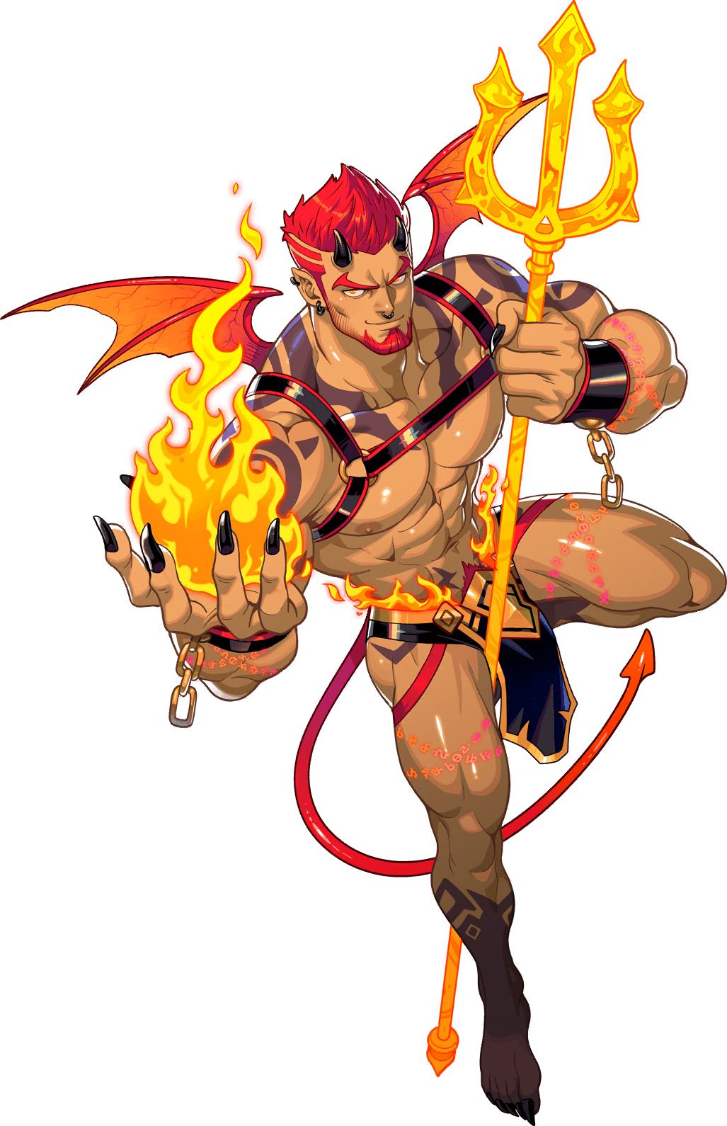 abs beard black_nails bracelet chain chest_belt claws demon demon_horns demon_tail demon_wings earrings facial_hair fire glowing glowing_tattoo gyee highres holding holding_weapon horns jewelry large_pectorals leather leather_belt loincloth looking_at_viewer male_pubic_hair muscular muscular_male nipples non-web_source official_art orange_eyes pectorals pointy_ears polearm pubic_hair pubic_hair_peek pyrokinesis red_hair redgart sam_(red_gart) short_hair smirk tail tattoo thick_arms thick_eyebrows thick_thighs thighs trident weapon wings