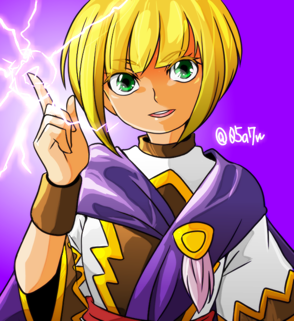 05a7w 1girl blonde_hair cape golden_sun green_eyes lightning looking_at_viewer magic open_mouth sheba_(golden_sun) short_hair simple_background smile solo