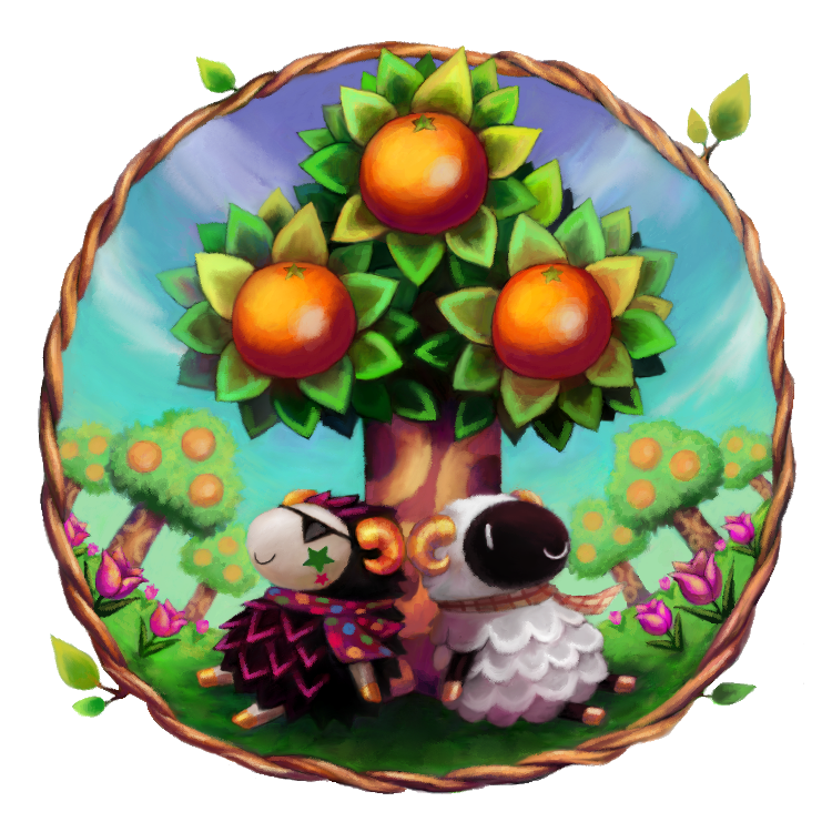 1boy 1girl animal_crossing blue_sky brown_horns brown_scarf closed_mouth cloud commentary cortoony curled_horns day english_commentary facial_mark flower food fruit fruit_tree furry furry_female furry_male grass horns leaf on_grass orange_(fruit) orange_horns orange_tree outdoors pink_flower polka_dot polka_dot_scarf purple_scarf scarf sheep_boy sheep_girl simple_background sitting sky smile star_(symbol) star_facial_mark sunglasses tree tulip vesta_(animal_crossing) white_background white_eyes woolio_(animal_crossing)
