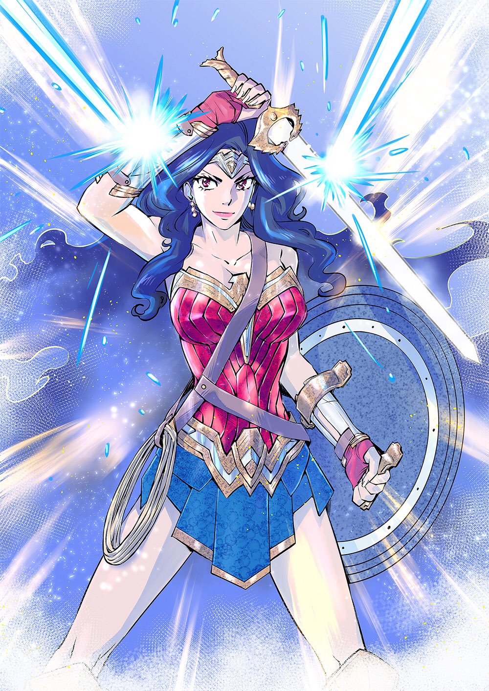 1girl armor blue_hair blue_skirt circlet commentary_request cowboy_shot dc_comics earrings highres holding holding_shield holding_sword holding_weapon jewelry lasso_of_truth long_hair looking_to_the_side pink_lips red_eyes second-party_source shield shiina_takashi skirt smile solo sword weapon wonder_woman wonder_woman_(series)
