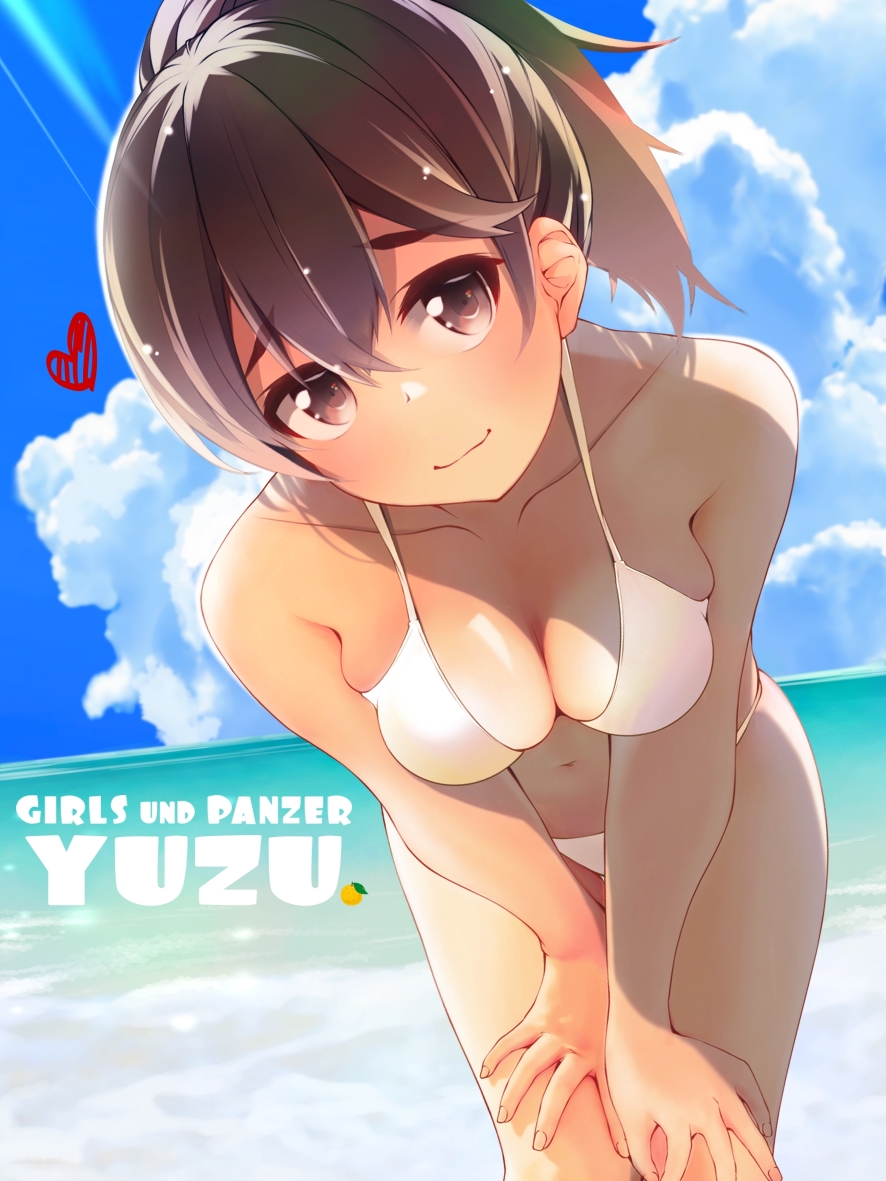 1girl bikini blue_sky breasts brown_eyes brown_hair character_name chuutaro_metal closed_mouth cloud cloudy_sky commentary copyright_name day english_text food fruit girls_und_panzer halterneck hands_on_own_knees head_tilt heart horizon koyama_yuzu leaning_forward looking_at_viewer medium_breasts medium_hair navel ocean outdoors ponytail sky smile solo swimsuit white_bikini yuzu_(fruit)