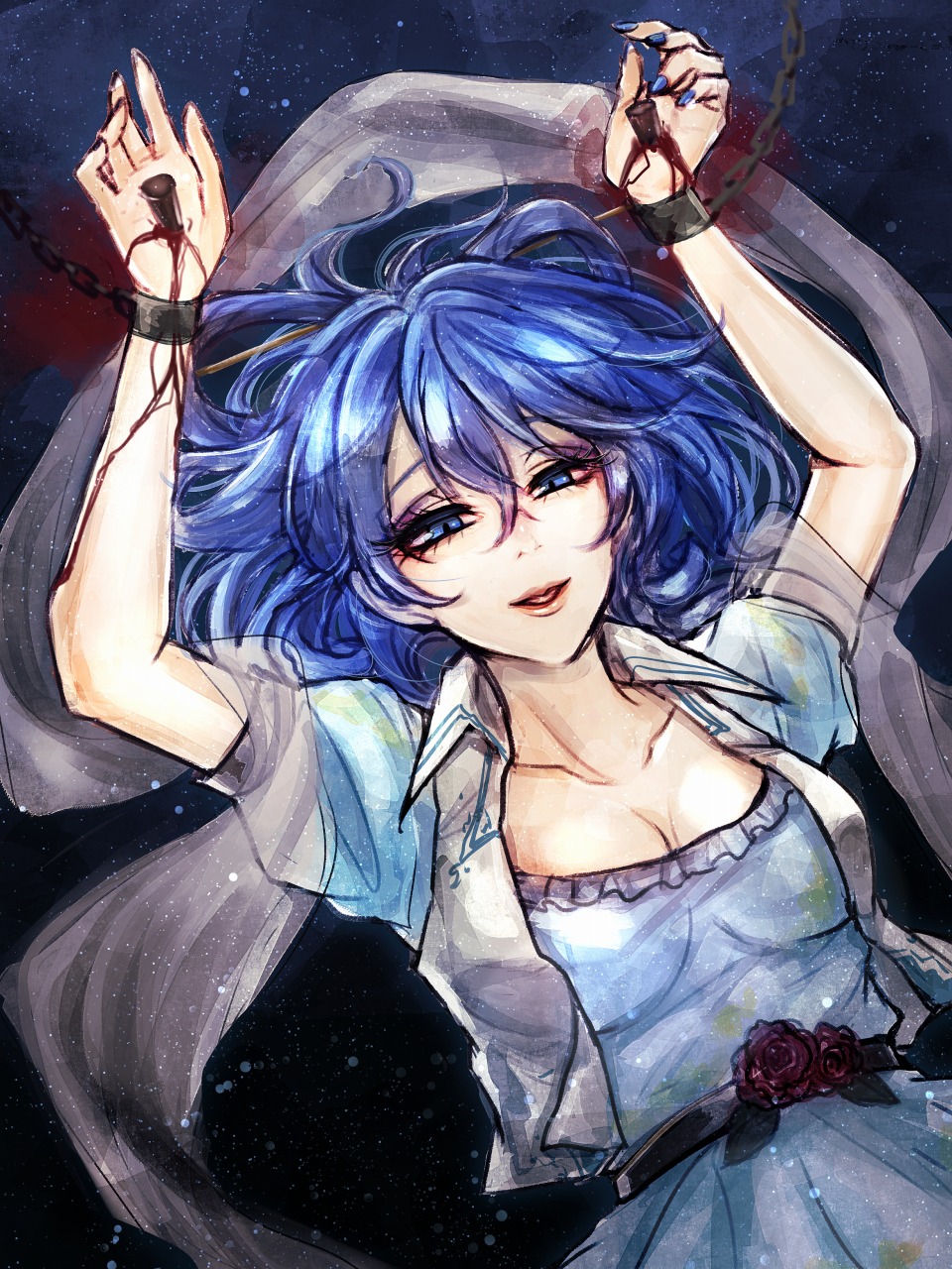 1girl arms_up belt black_belt blood blood_on_arm blood_on_hands blue_dress blue_eyes blue_hair bound breasts chain collarbone cowboy_shot dress flower guro hair_between_eyes highres kaku_seiga kyogoku-uru looking_at_viewer medium_breasts medium_hair open_clothes open_mouth open_vest puffy_short_sleeves puffy_sleeves red_flower red_rose rose short_sleeves solo touhou vest white_vest