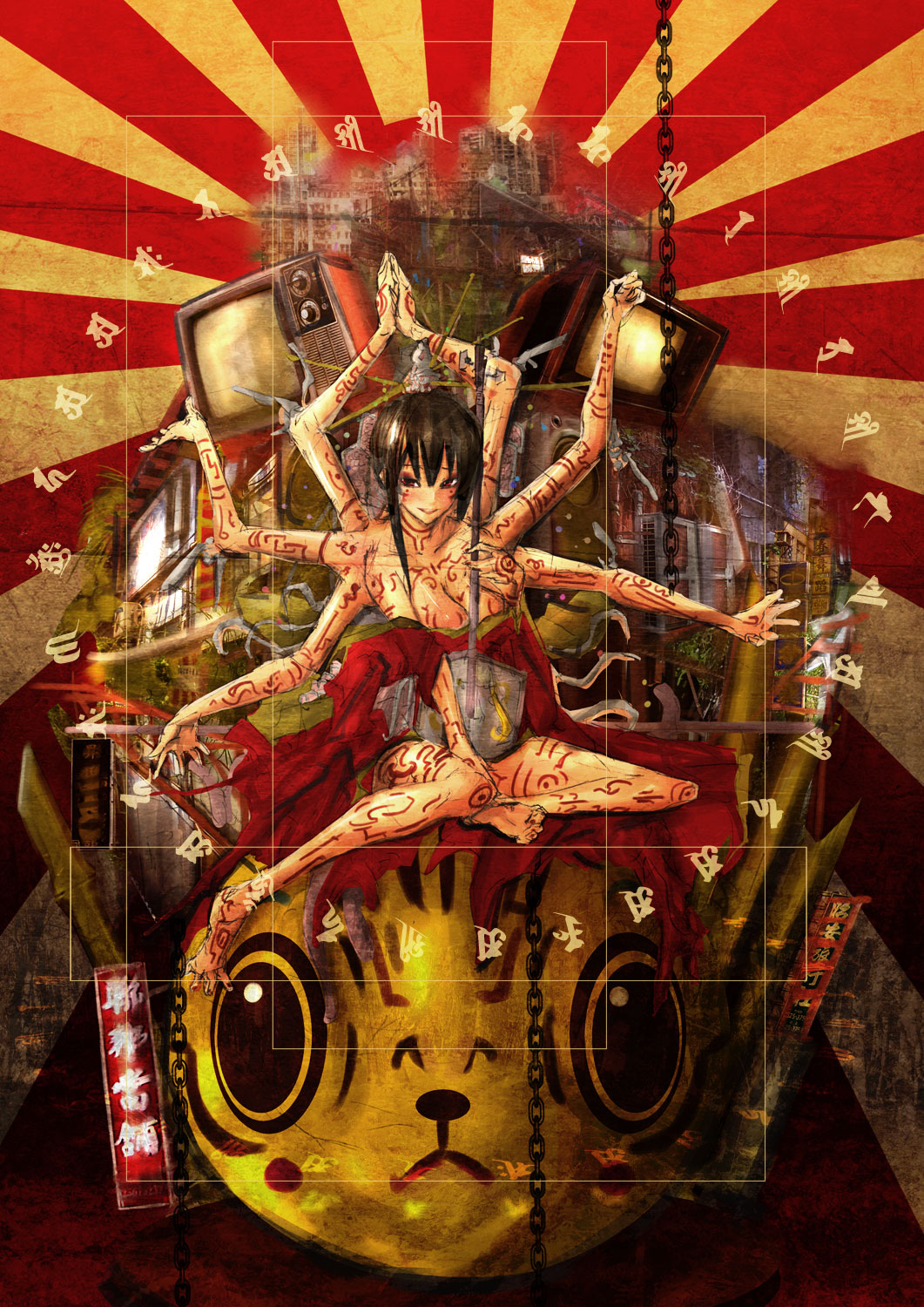 bamboo bare_shoulders barefoot breasts brown_hair chain feet highres long_hair medium_breasts multiple_arms original red_eyes rib:y(uhki) tattoo television