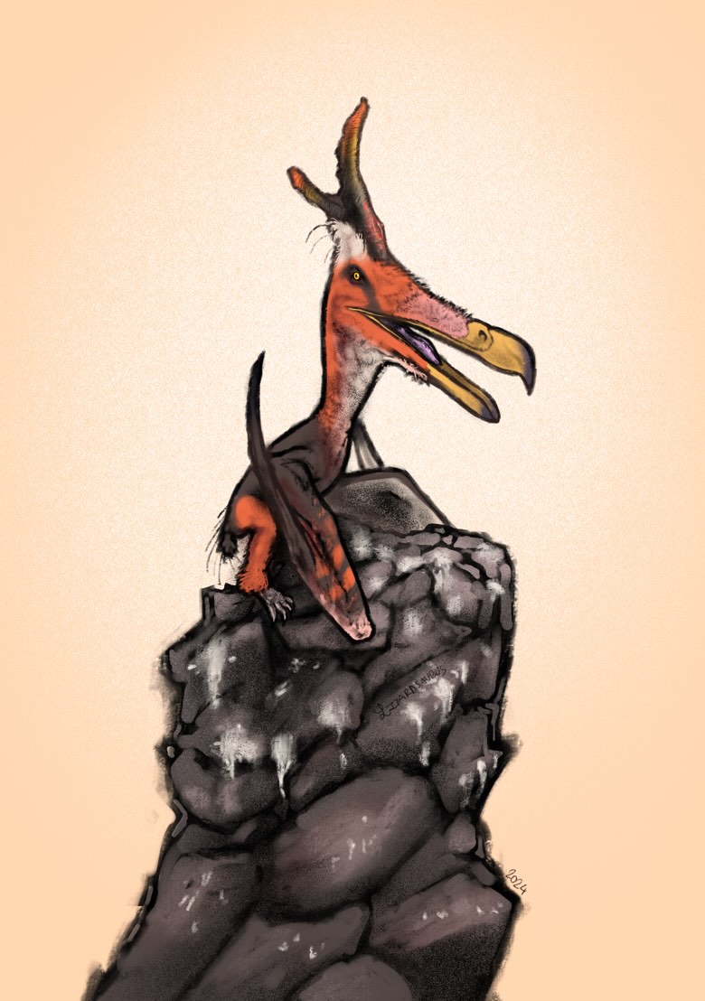 ambiguous_gender beak_open bird_feces feral pterosaur reptile resting rock scalie solo unknown_artist