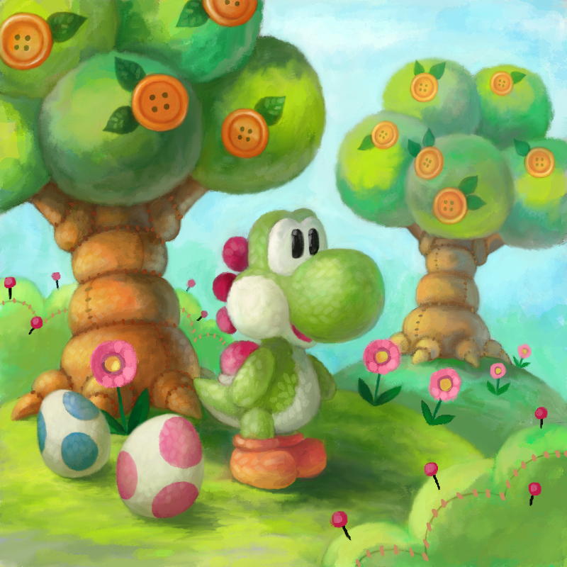 black_eyes blue_sky bush commentary cortoony day english_commentary flower food fruit fruit_tree grass hill mario_(series) no_humans open_mouth orange_footwear outdoors pink_flower sewing_pin shoes sky smile solo standing tree yoshi yoshi's_woolly_world