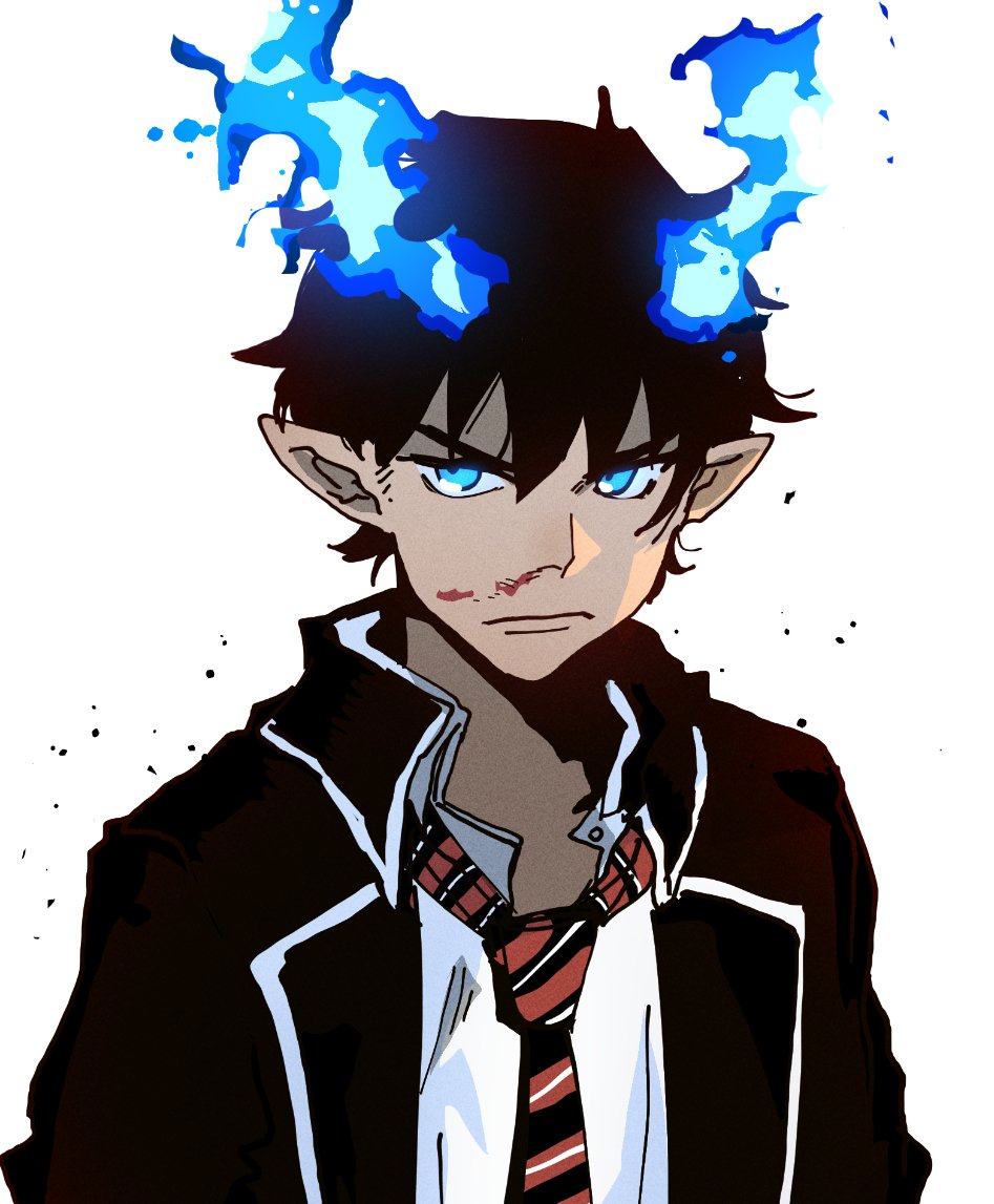 1boy ao_no_exorcist blood blood_on_face blue_eyes blue_fire closed_mouth collared_jacket collared_shirt dress_shirt film_grain fire glowing hair_between_eyes isaacchief300 jacket light_particles long_sleeves looking_to_the_side male_focus necktie okumura_rin open_clothes open_collar open_jacket pointy_ears redrawn shirt short_hair simple_background solo striped_necktie upper_body white_background white_shirt white_trim