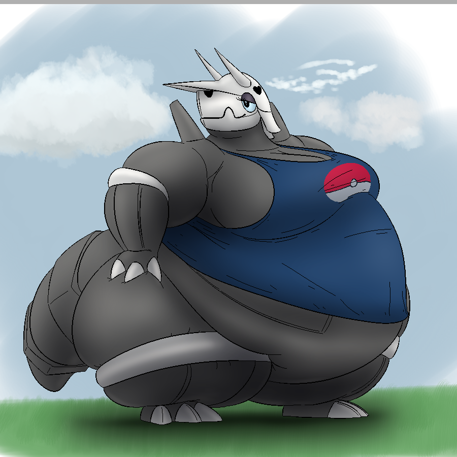 2019 2_horns 3_claws 3_fingers 3_toes aggron anthro back_spikes belly big_belly big_breasts biped blue_background blue_clothing blue_shirt blue_tank_top blue_topwear breasts claws cleavage clothed clothing cloud detailed_background digital_drawing_(artwork) digital_media_(artwork) elemental_creature eyelashes fat_arms feet female fingers front_view full-length_portrait generation_3_pokemon grass grey_belly grey_body grey_breasts grey_spikes grey_tail half-closed_eyes hand_on_hip hand_on_own_hip horn huge_belly huge_breasts huge_thighs metal metal_creature mineral_fauna morbidly_obese morbidly_obese_anthro morbidly_obese_female narrowed_eyes nintendo obese obese_anthro obese_female overweight overweight_anthro overweight_female plant pokeball pokeball_clothing pokeball_print pokemon pokemon_(species) portrait shirt simple_background snaggle_tooth solo spikes spikes_(anatomy) standing tail tank_top tank_top_only thatoneaceguy thick_thighs toes topwear
