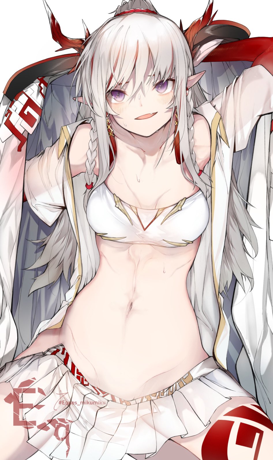 1girl :d arknights bandeau bare_shoulders braid commentary_request ekuesu fang highres horns long_hair looking_at_viewer midriff miniskirt nian_(arknights) open_mouth pleated_skirt purple_eyes skirt smile solo strapless thighs tube_top twin_braids white_hair white_skirt