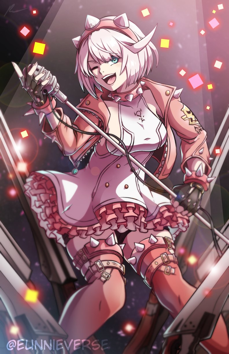 1girl ahoge black_gloves blue_eyes boots bracelet breasts clover collar dress elphelt_valentine eunnieverse fingerless_gloves four-leaf_clover frilled_dress frills gloves guilty_gear guilty_gear_strive hairband highres holding holding_microphone huge_ahoge jacket jewelry large_breasts long_sleeves looking_at_viewer microphone one_eye_closed open_mouth pink_dress pink_footwear pink_hairband pink_jacket short_hair sideboob smile spiked_bracelet spiked_collar spiked_hairband spikes thigh_boots two-tone_dress white_dress white_hair