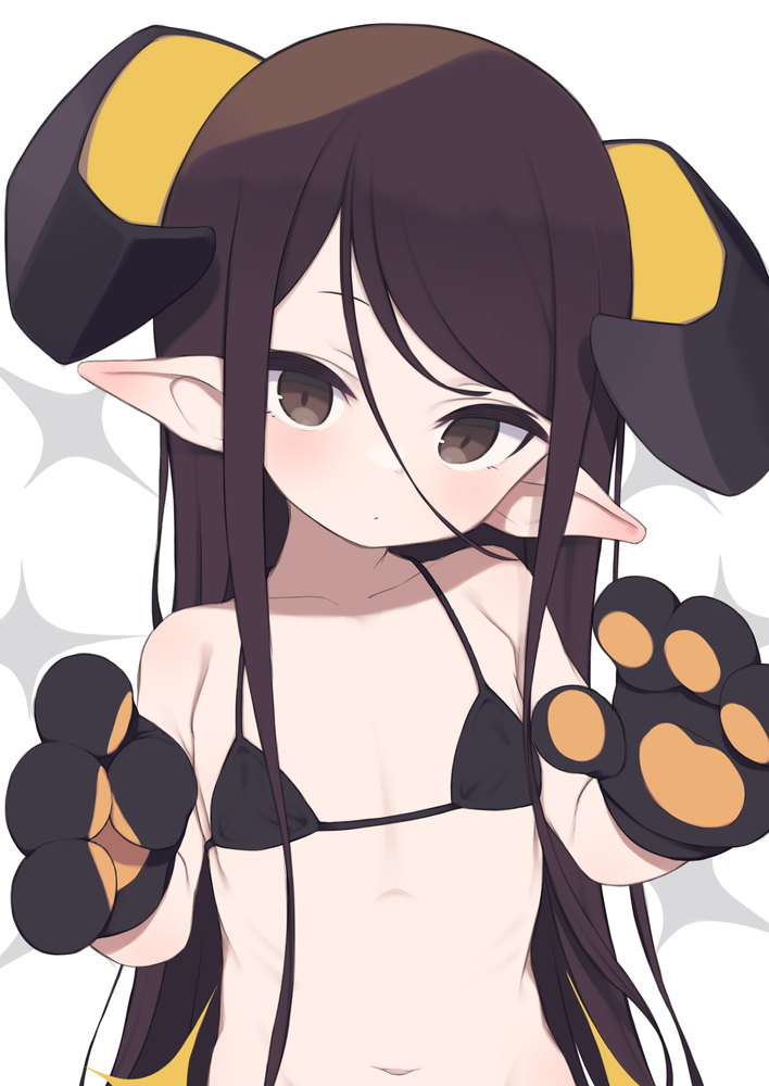 1girl animal_hands bikini black_bikini black_eyes black_hair blush commentary_request curled_horns dot_mouth expressionless flat_chest gamuo gloves hair_between_eyes horns long_hair looking_at_viewer navel original paw_gloves pointy_ears solo swimsuit two-tone_background upper_body