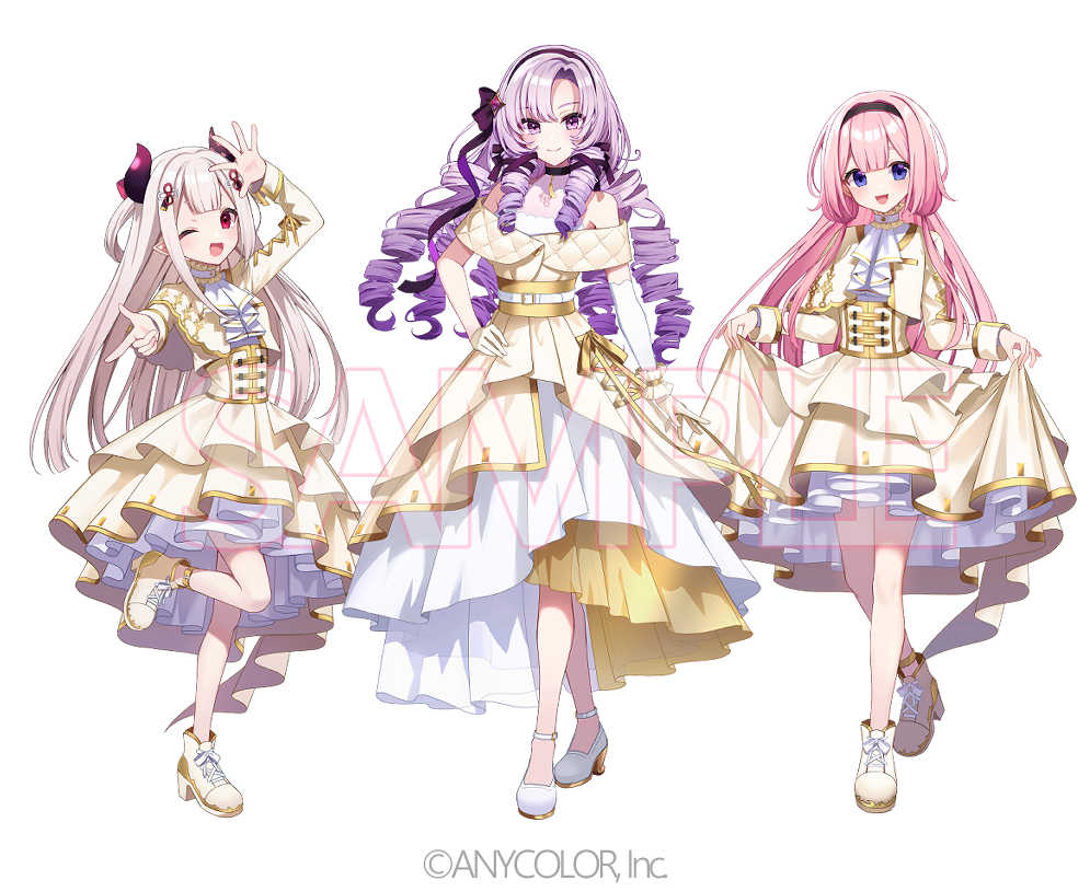 3girls ;d ascot black_headband blue_eyes corset cropped_jacket dress drill_hair full_body gold_trim goroo_(eneosu) grey_hair hand_on_own_hip headband horns hyakumantenbara_salome jacket long_hair multiple_girls naraka_(nijisanji) nijisanji official_art one_eye_closed open_mouth pink_hair purple_eyes purple_hair red_eyes sample_watermark skirt_hold smile standing standing_on_one_leg suo_sango watermark white_ascot white_footwear yellow_dress yellow_footwear yellow_jacket