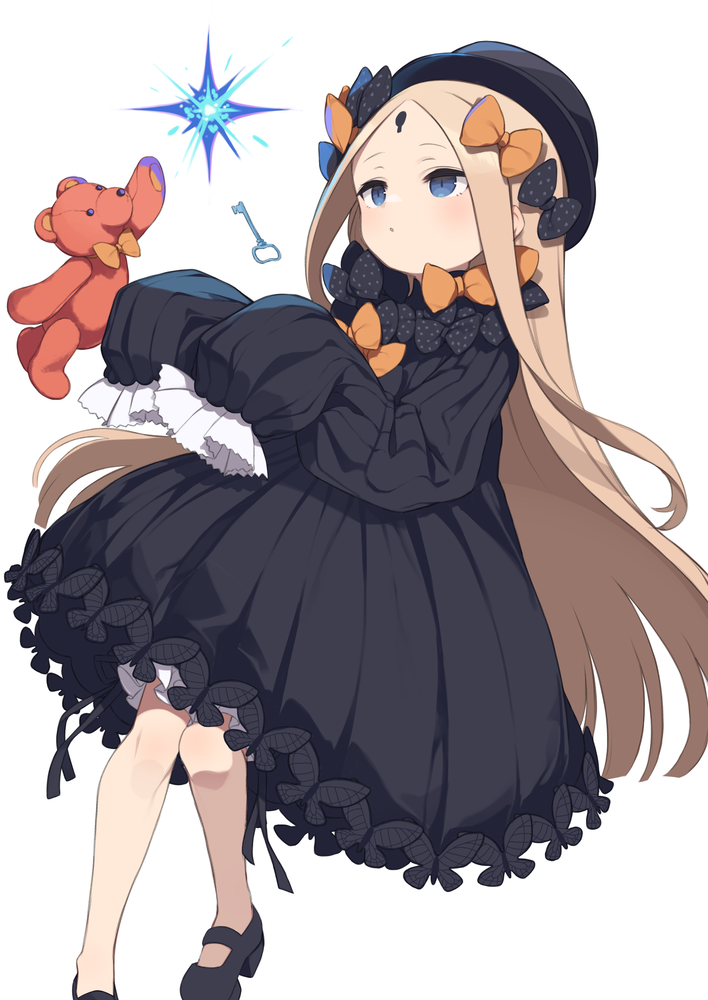 1girl abigail_williams_(fate) black_bow black_dress black_headwear blonde_hair bloomers blue_eyes blush bow breasts commentary_request dress fate/grand_order fate_(series) forehead gamuo hair_bow hat key keyhole long_hair long_sleeves multiple_hair_bows open_mouth orange_bow parted_bangs ribbed_dress sleeves_past_fingers sleeves_past_wrists small_breasts solo stuffed_animal stuffed_toy teddy_bear white_bloomers