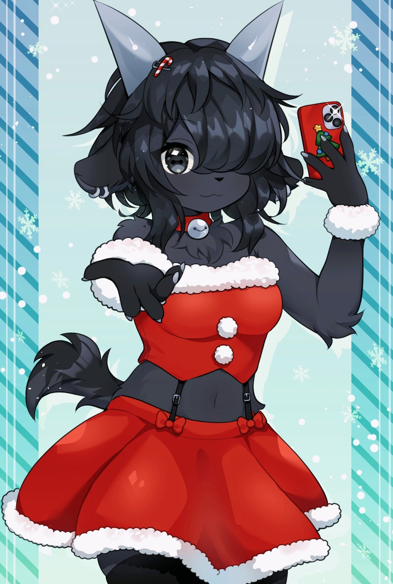 1girl animal_ear_piercing animal_ears animal_nose bell black_eyes black_fur black_hair black_thighhighs blue_bow body_fur bow candy_cane_hair_ornament cellphone choker christmas claws cowboy_shot food-themed_hair_ornament fur_trim furry furry_female goat_ears goat_girl goat_horns goat_tail hair_ornament hair_over_one_eye highres holding holding_phone horizontal_pupils horns looking_at_viewer methynecros midriff navel neck_bell original outstretched_hand phone pom_pom_(clothes) red_skirt selfie sidelocks skirt smartphone snowflake_background solo thighhighs wrist_cuffs