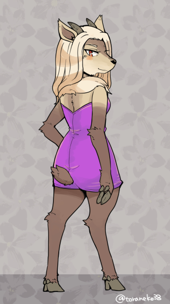 abstract_background anthro arm_tuft blonde_hair blush brown_body brown_fur clothed clothing cocktail_dress deer dress elbow_tuft female fingers fur hair hooved_fingers hooves horn kemono knee_tuft leg_tuft looking_at_viewer looking_back low_cut_dress mammal red_eyes scut_tail short_horn short_tail small_horn solo tail toraneko38 tuft