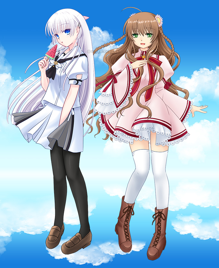 2girls ahoge arm_at_side ascot black_ascot black_pantyhose blue_eyes blue_sky boots braid brown_footwear brown_hair cloud commentary_request company_connection cross-laced_footwear crossover dress floating_hair flower food frilled_dress frilled_sleeves frills full_body green_eyes hair_between_eyes hair_flower hair_ornament hairclip hand_up holding holding_food holding_popsicle juliet_sleeves kanbe_kotori kazamatsuri_institute_high_school_uniform key_(company) loafers long_hair long_sleeves looking_at_viewer multiple_girls naruse_shiroha neck_ribbon open_mouth pantyhose parted_lips pink_dress popsicle puffy_short_sleeves puffy_sleeves red_ribbon rewrite ribbon sailor_collar school_uniform shirt shoes short_dress short_sleeves skirt sky smile standing straight_hair summer_pockets thighhighs twin_braids twitter_username very_long_hair watermelon_bar wavy_hair white_flower white_hair white_sailor_collar white_shirt white_skirt white_thighhighs wide_sleeves yukiyuki_(myyukiproject)