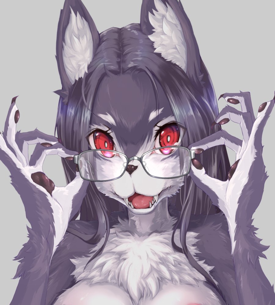 adjusting_glasses anthro areola barely_visible_areola black_claws black_nose black_pawpads breasts bust_portrait canid canine canis claws eyewear fangs female finger_claws fingerpads fingers fur glasses grey_background grey_body grey_fur grey_hair hair holding_eyewear holding_glasses holding_object inner_ear_fluff kemono long_hair looking_at_viewer mammal multicolored_body multicolored_fur oinari open_mouth pawpads pink_areola pink_tongue portrait red_eyes sharp_teeth simple_background solo teeth tongue tuft two_tone_body two_tone_fur white_body white_fur white_inner_ear wolf