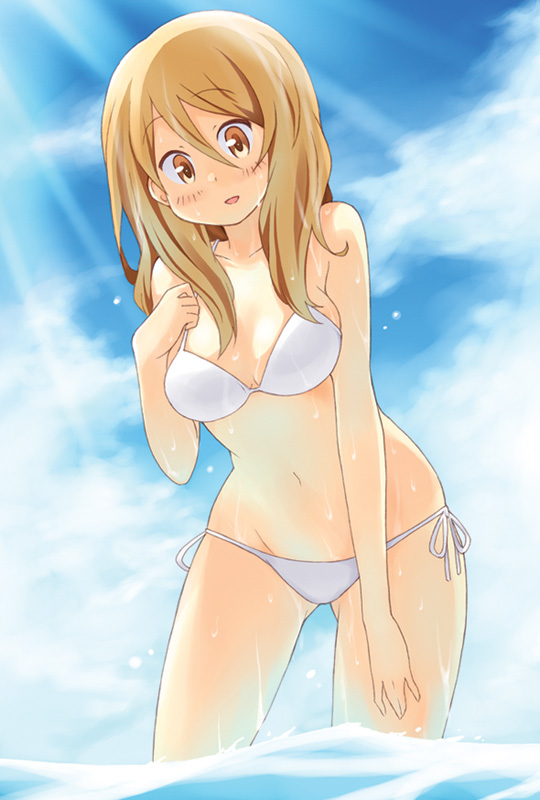 bikini blonde_hair brown_eyes day dekosuke extra k-on! leaning_forward long_hair navel side-tie_bikini solo swimsuit tachibana_himeko wading wet white_bikini