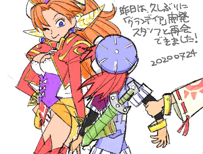 1boy 2girls breasts closed_mouth commentary earrings feena_(grandia) grandia grandia_i grandia_ii hat hontani_toshiaki in-franchise_crossover jewelry justin_(grandia) long_hair millenia_(grandia) multiple_girls one_eye_closed red_hair simple_background smile sword sword_on_back thighhighs weapon weapon_on_back white_background wide_sleeves