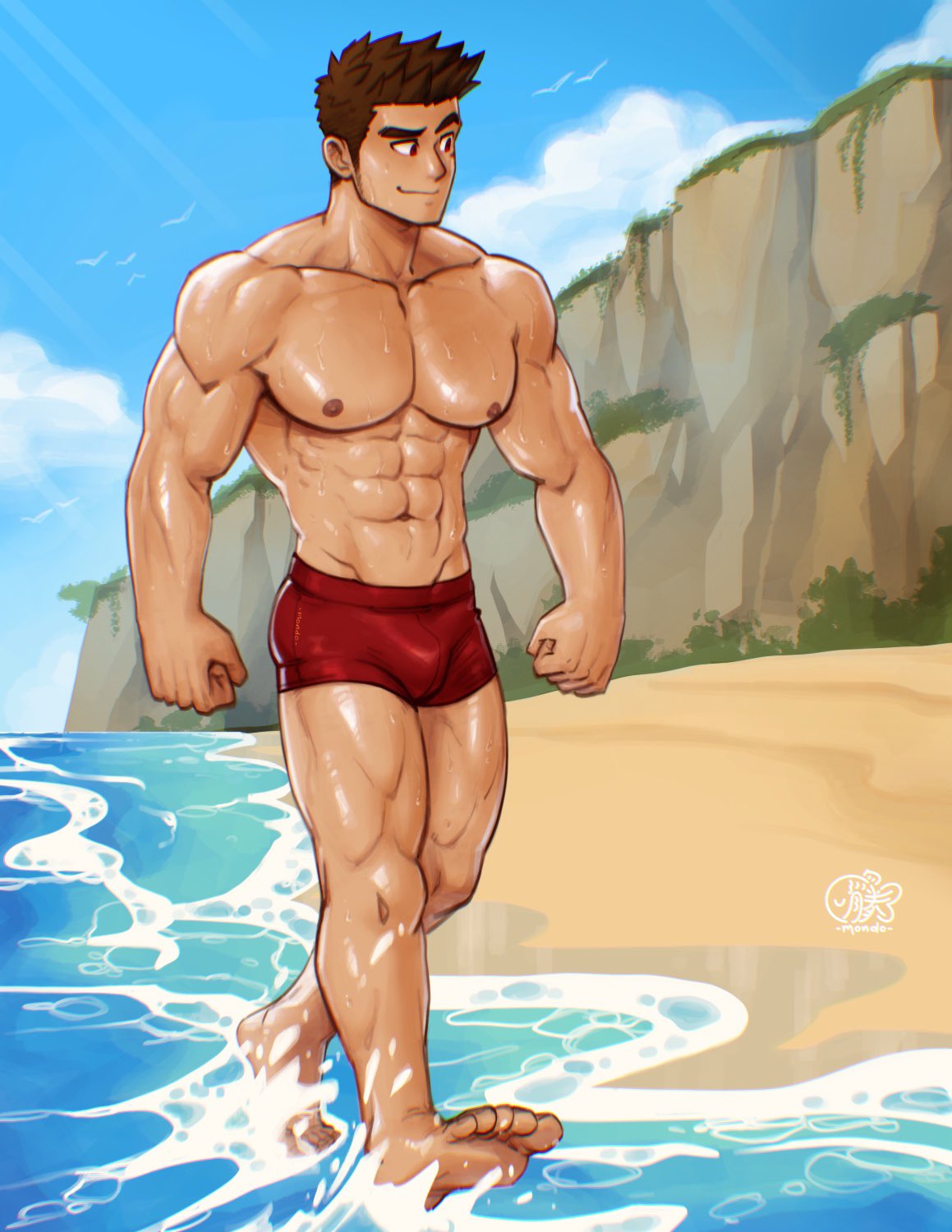 1boy artist_name bara beach biceps bird brown_hair bulge cloud cloudy_sky highres large_pectorals logo looking_to_the_side male_focus manly mature_male mondoart muscular muscular_male nipples original outdoors pectorals raeyr_(mondo) sand seagull short_hair signature sky solo spiked_hair swimsuit thick_arms thick_eyebrows thick_thighs thighs walking water wet