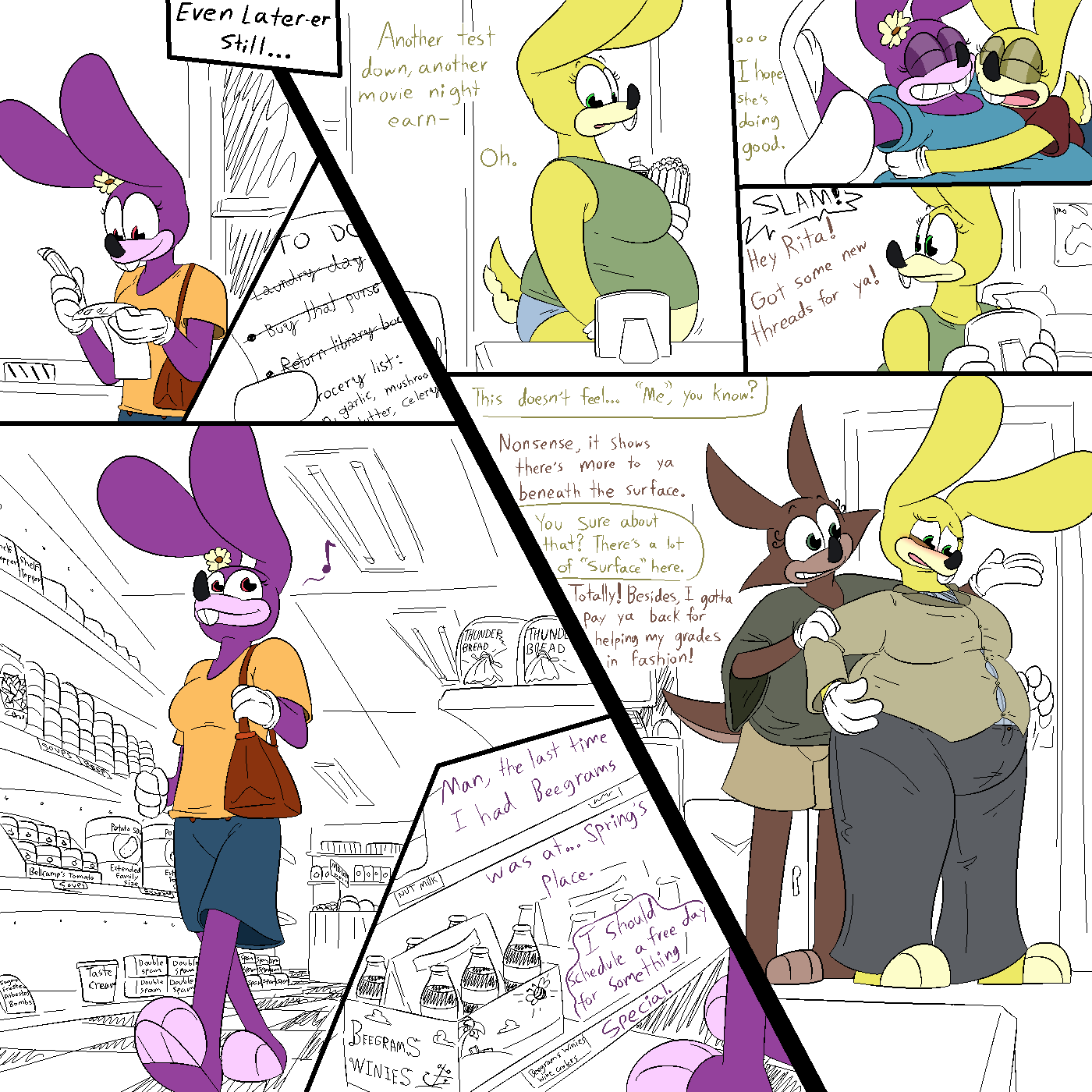 1:1 2019 anthro belly big_belly biped birne_granger black_text clothed clothed_anthro clothed_female clothing college color_coded_text comic countershading detailed_background dialogue digital_drawing_(artwork) digital_media_(artwork) dormitory english_text female female_anthro front_view fur gloves gold_text group handwear hi_res inside kangaroo kathy_(thatoneaceguy) lagomorph leporid macropod mammal markings marsupial obese obese_anthro obese_female overweight overweight_anthro overweight_female partially_colored purple_body purple_countershading purple_fur purple_markings purple_text rabbit restaurant rita_granger roommate school sibling_(lore) simple_background sister_(lore) sisters_(lore) store supermarket text thatoneaceguy toony trio weight_gain weight_loss white_background white_clothing white_gloves white_handwear yellow_body yellow_countershading yellow_fur yellow_markings