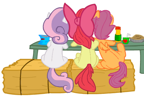 applebloom_(mlp) bow brickstarrunner butt cub cutie_mark_crusaders_(mlp) equine female feral friends friendship_is_magic furseiseki_(artist) group hair hasbro hay_bale horn horse juice long_hair mammal my_little_pony orange_body pegasus pie pink_hair pony purple_hair red_hair scootaloo_(mlp) short_hair sweetie_belle_(mlp) table unicorn wings young