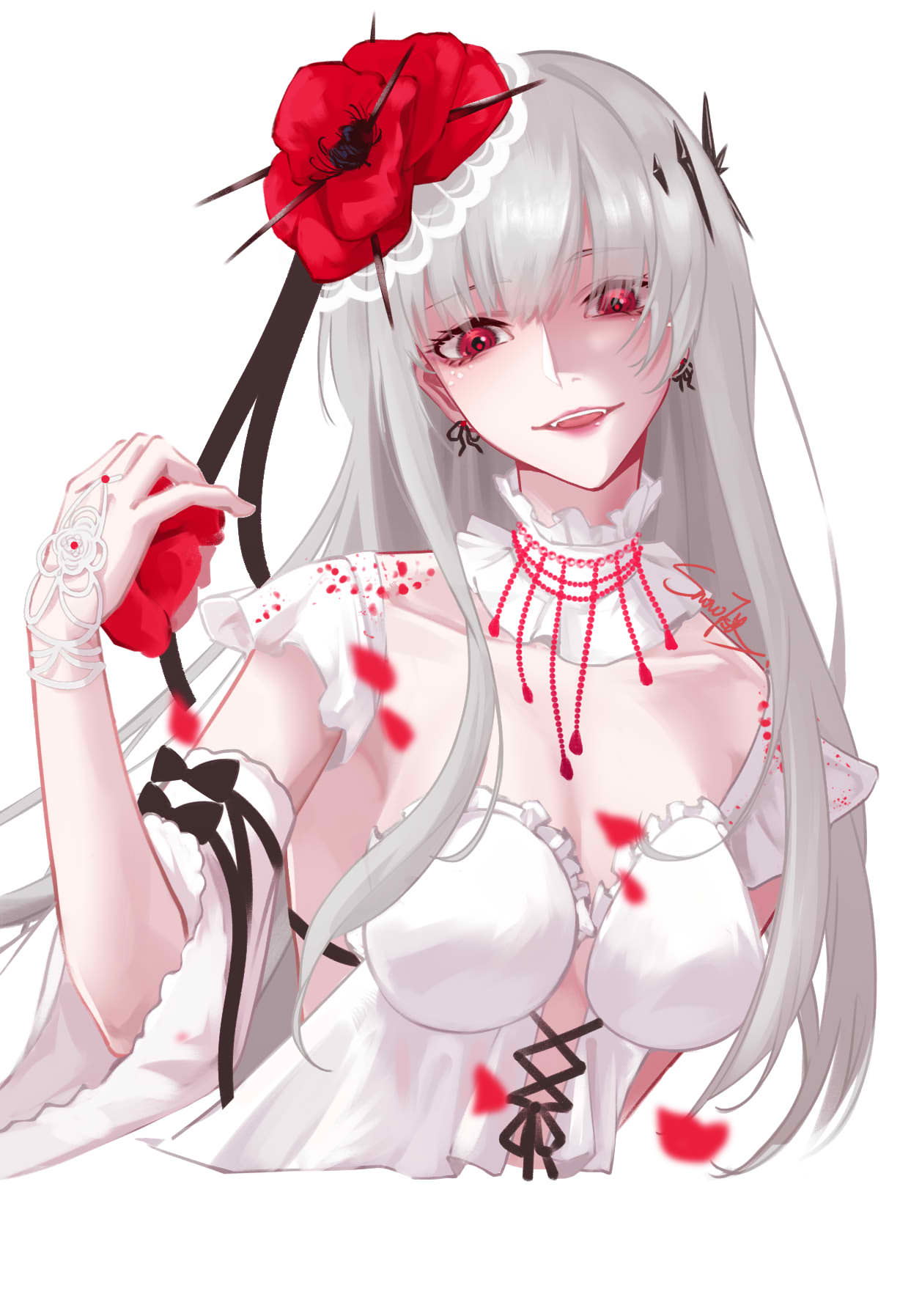 1girl breasts bridal_gauntlets cleavage collar collarbone coquelic_(path_to_nowhere) cropped_torso cross-laced_clothes cross-laced_dress detached_sleeves dress falling_petals flower hair_flower hair_ornament head_tilt highres holding holding_flower lingerie long_hair looking_at_viewer medium_breasts open_mouth path_to_nowhere petals red_eyes red_flower red_petals revealing_clothes ribbon_earrings ringed_eyes signature simple_background smile solo teeth thorns underwear upper_body upper_teeth_only white_background white_collar white_dress white_hair white_sleeves yukikitsune_kuutachibana