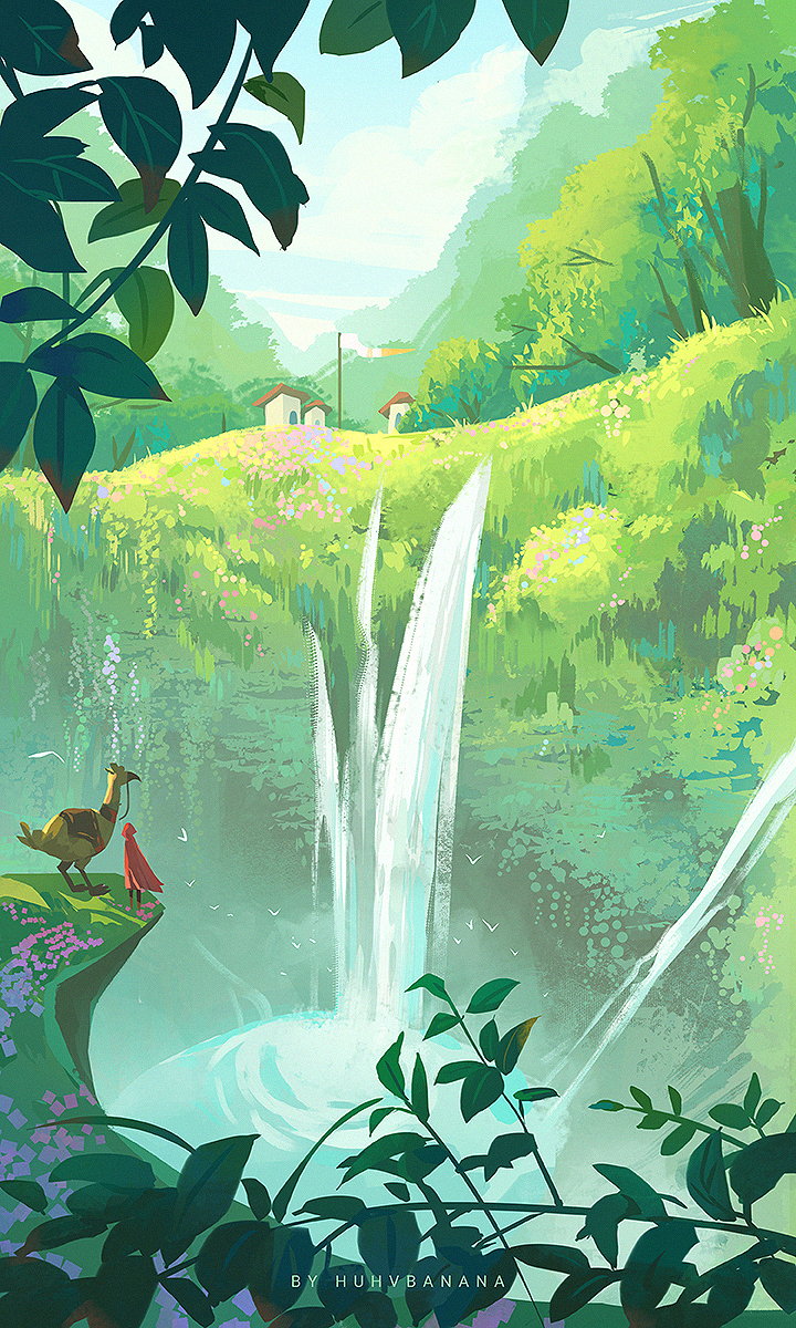 1girl animal bird blue_flower cliff cloak cloud day fantasy flag flock flower foliage forest grass highres hood hooded_cloak huhv. landscape leaf nature original outdoors pink_flower plant pole red_cloak scenery standing tree very_wide_shot village water waterfall yellow_bird