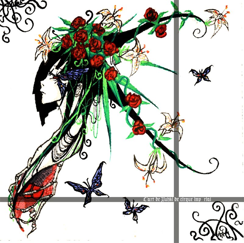 bug butterfly copyright_request face flower insect long_hair red_eyes red_flower red_rose rib:y(uhki) rose solo upper_body