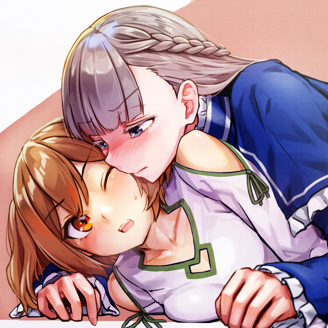 2girls 3: blue_capelet blue_eyes blush braid brown_hair capelet cheek-to-cheek clothing_cutout collarbone d: frilled_capelet frills girl_on_top green_ribbon half_updo heads_together kanne_(sousou_no_frieren) lawine_(sousou_no_frieren) long_sleeves misogi_(misogi1341) multiple_girls one_eye_closed open_mouth orange_eyes pink_background ribbon shoulder_cutout shoulder_ribbon sousou_no_frieren sweat two_side_up yuri