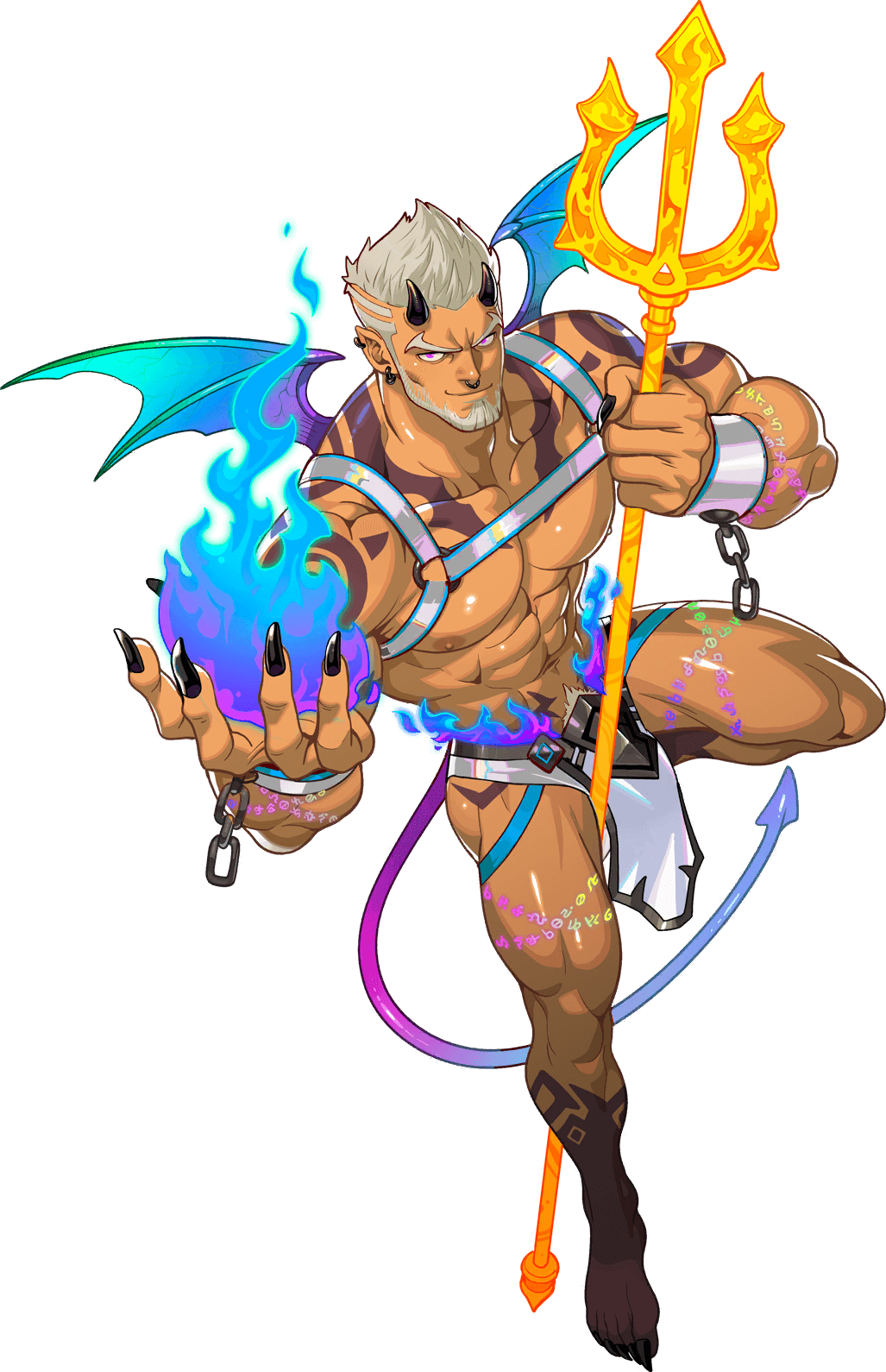 abs beard black_nails blue_fire bracelet chain chest_belt claws demon demon_horns demon_tail demon_wings earrings facial_hair fire glowing glowing_tattoo gyee highres holding holding_weapon horns jewelry large_pectorals leather leather_belt loincloth looking_at_viewer male_pubic_hair muscular muscular_male nipples non-web_source official_art pectorals pointy_ears polearm pubic_hair pubic_hair_peek purple_eyes pyrokinesis redgart sam_(red_gart) short_hair smirk tail tattoo thick_arms thick_eyebrows thick_thighs thighs trident weapon white_hair wings