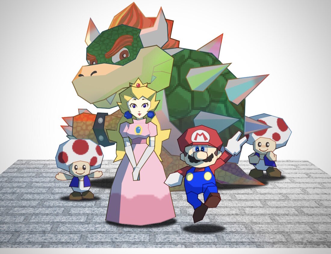 1girl 4boys arm_up black_eyes blonde_hair blue_eyes blue_overalls blue_pants blue_vest bowser bracelet brown_footwear brown_hair claws closed_mouth commentary_request crown dress earrings elbow_gloves eyelashes facial_hair gloves hat horns jewelry lips long_hair long_sleeves looking_at_viewer looking_back low_poly mario mario_(series) multiple_boys mustache open_clothes open_vest overalls pants pink_dress princess_peach puffy_short_sleeves puffy_sleeves red_eyes red_hair red_headwear red_shirt red_toad_(mario) rinabee_(rinabele0120) sharp_teeth shirt shoes short_hair short_sleeves simple_background smile sphere_earrings spiked_shell spikes standing stone_floor studded_bracelet super_mario_64 teeth toad_(mario) turtle_shell v v-shaped_eyebrows vest white_background white_gloves