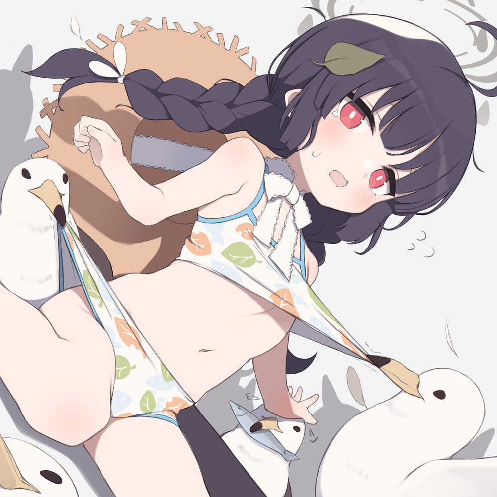 1girl bikini bikini_pull bird black_hair blue_archive blush braid breasts bright_pupils clothes_pull commentary_request gamuo halo hat leaf leaf_on_head leaf_print long_hair miyu_(blue_archive) miyu_(swimsuit)_(blue_archive) navel official_alternate_costume open_mouth print_bikini red_eyes seagull small_breasts solo straw_hat swimsuit twin_braids white_bikini white_pupils