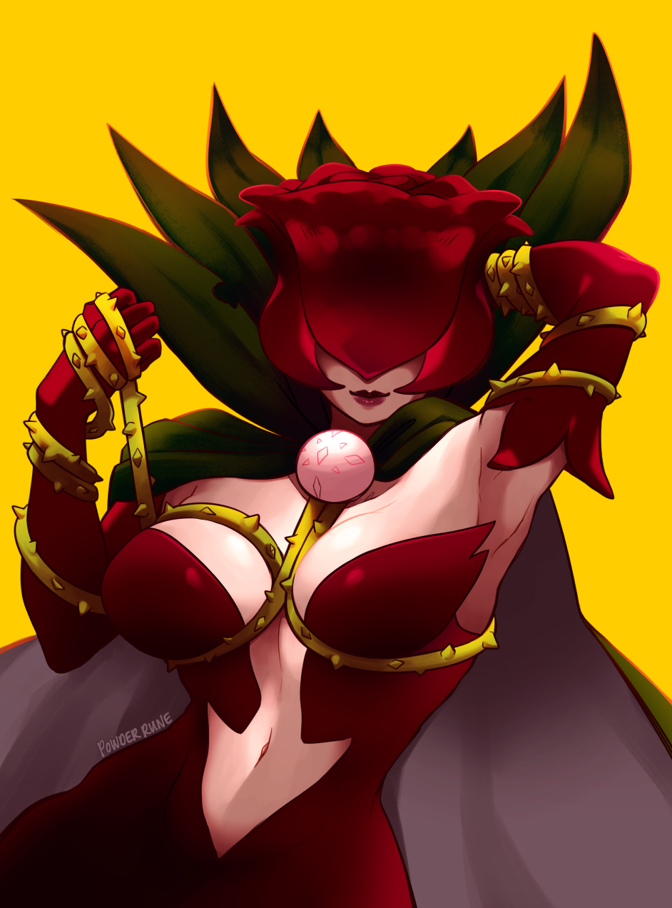 bandai_namco breasts cc-by-nc-nd creative_commons digimon digimon_(species) elemental_creature elemental_humanoid female fingers flora_fauna hi_res humanoid navel not_furry plant plant_humanoid powderrune rosemon simple_background smile solo yellow_background