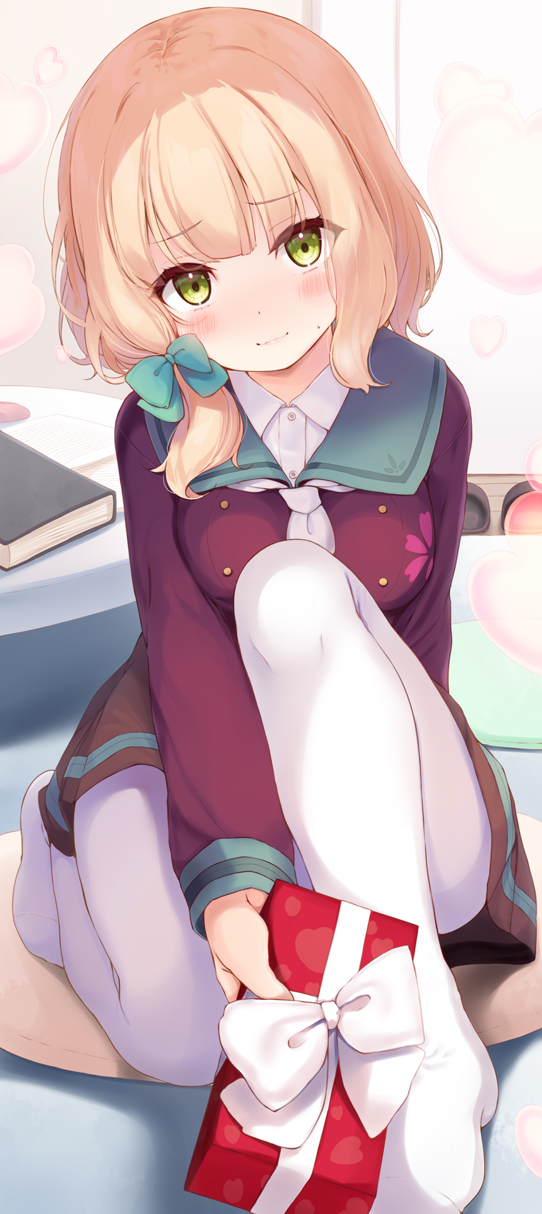 1girl :3 aqua_sailor_collar blonde_hair blush book bow box breasts collared_shirt commentary dot_nose full_body furrowed_brow gift gift_box green_bow green_eyes hair_bow head_tilt highres holding holding_gift incoming_gift indoors komone_ushio long_sleeves looking_at_viewer medium_breasts misaki_(komone_ushio) necktie on_one_knee original pantyhose pleated_skirt red_shirt red_skirt sailor_collar school_uniform shirt short_hair skirt solo sweatdrop valentine white_necktie white_pantyhose white_shirt