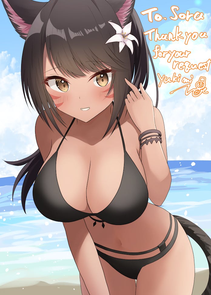 1girl animal_ear_fluff animal_ears bare_shoulders beach bikini black_bikini black_hair black_tail blush breasts commentary commission cowboy_shot dark-skinned_female dark_skin day english_commentary eyes_visible_through_hair facial_mark final_fantasy final_fantasy_xiv flower grin hair_flower hair_ornament hand_in_own_hair hand_up jpeg_artifacts large_breasts leaning_forward looking_at_viewer navel ocean onabe_no_shime original outdoors short_hair skeb_commission smile solo standing swimsuit tail thank_you white_flower yellow_eyes