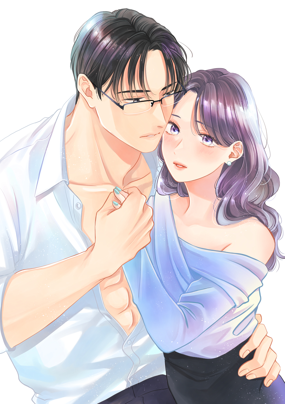 1boy 1girl abs black_eyes black_hair black_pants blue_nails blue_shirt collarbone earrings glasses hetero highres holding_hands hug jewelry lipstick looking_at_another looking_at_viewer makeup open_clothes open_shirt original pants purple_eyes shirt stud_earrings ueno_haruki white_background white_shirt