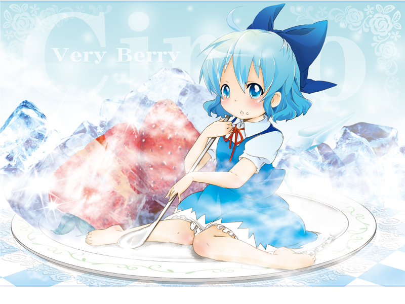 bare_shoulders barefoot berry_jou blue_eyes blue_hair blush bow cirno food frozen fruit hair_bow ice in_food minigirl plate ribbon short_hair sitting solo spoon strawberry touhou wariza