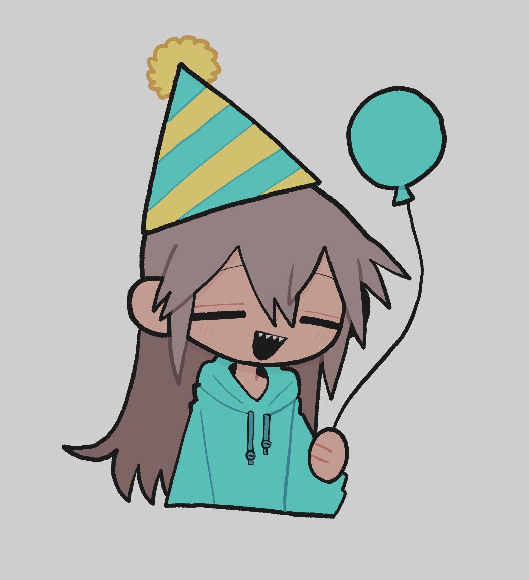 1girl aqua_hoodie balloon black_outline blonde_hair blue_headwear chibi closed_eyes commentary grey_background hair_between_eyes happy hat holding holding_balloon hood hood_down ichika-chan_(iiiichimaru_03) iiiichimaru_03 light_blush long_hair open_mouth original outline party_hat sharp_teeth sidelocks simple_background smile solo striped_clothes striped_headwear symbol-only_commentary teeth upper_body upper_teeth_only yellow_headwear