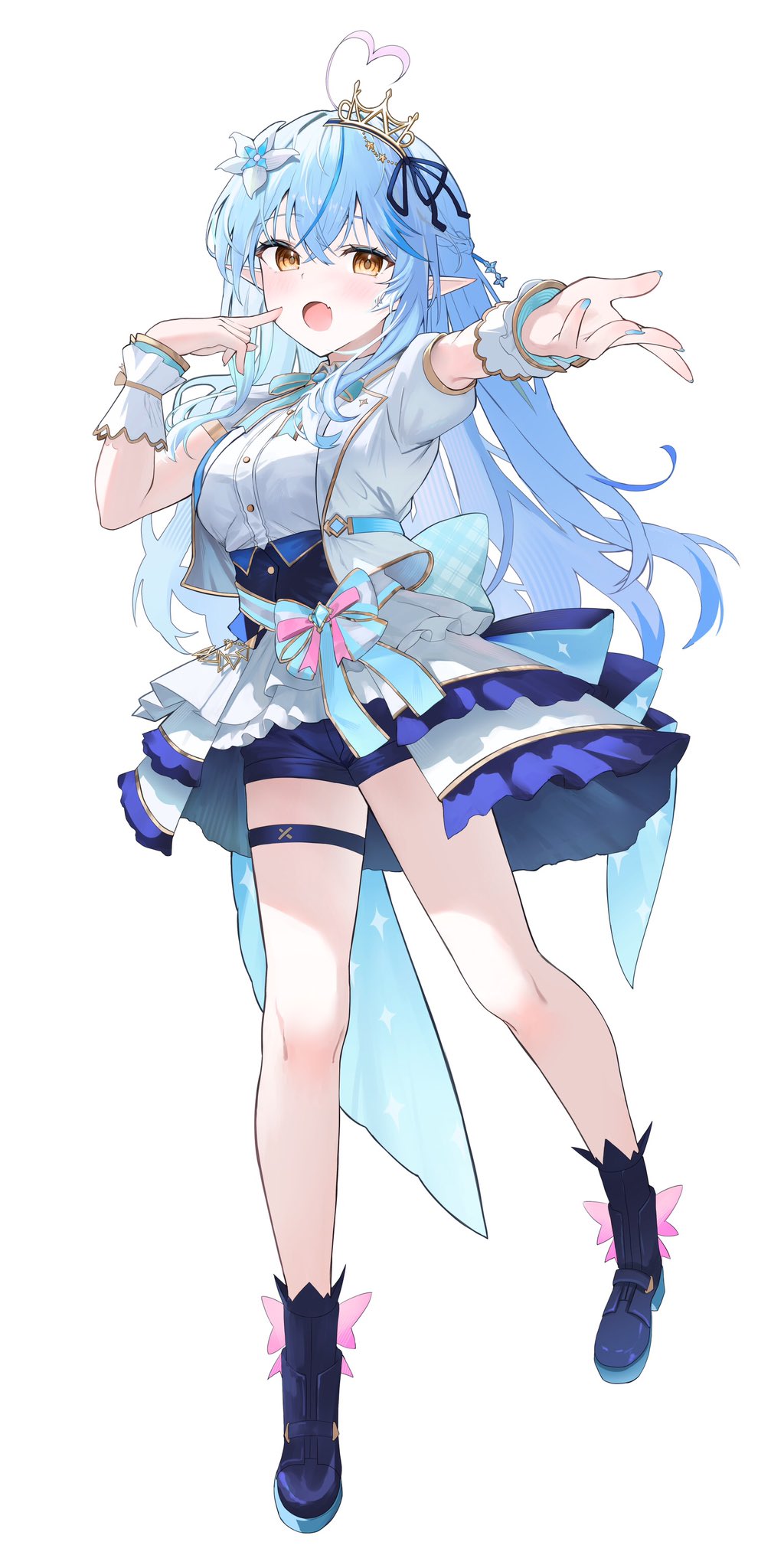 1girl ahoge aki_uzuki3 ankle_boots aqua_bow aqua_bowtie aqua_hair aqua_nails aqua_sash aqua_wrist_cuffs blue_corset blue_footwear blue_hair blue_ribbon blue_shorts blue_skirt boots bow bow_skirt bowtie brooch collared_shirt colored_tips corset crown double-parted_bangs dress_shirt elf fang finger_to_own_chin flower frilled_skirt frills full_body glowstick gold_trim hair_between_eyes hair_flower hair_ornament hair_ribbon half-skirt heart heart_ahoge high_heel_boots high_heels highres hololive hololive_idol_uniform_(bright) idol idol_clothes jacket jewelry large_bow layered_skirt long_hair mini_crown multicolored_hair official_alternate_costume open_clothes open_jacket open_mouth overskirt pink_bow pointy_ears puffy_short_sleeves puffy_sleeves reaching ribbon sash_bow shirt short_sleeves shorts simple_background skin_fang skirt solo streaked_hair striped_sash two-sided_fabric two-sided_skirt virtual_youtuber white_background white_jacket white_shirt white_skirt white_wrist_cuffs wrist_cuffs yellow_eyes yukihana_lamy