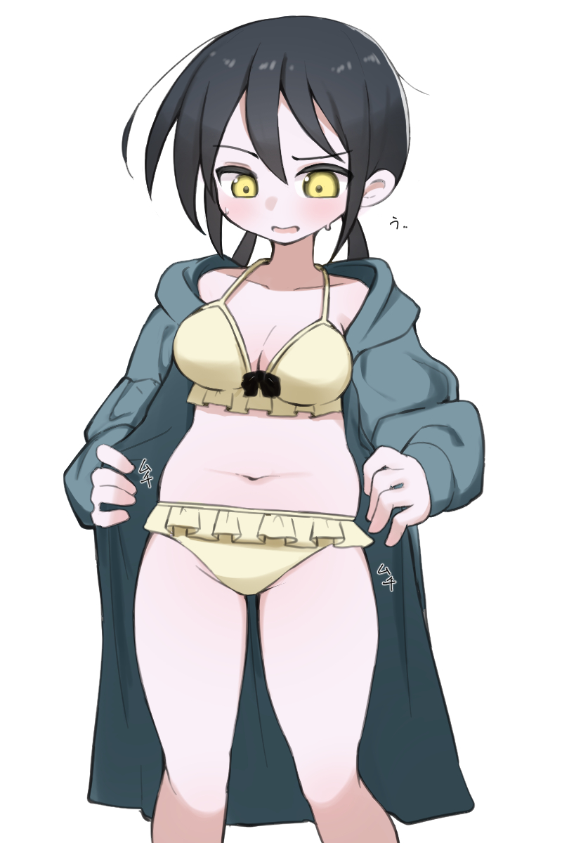 1girl alternate_costume alternate_hairstyle bikini black_eyes black_hair blush breasts cleavage coat commentary_request feet_out_of_frame frilled_bikini frills grey_coat highres hood hood_down hooded_coat large_breasts long_hair long_sleeves looking_at_self looking_down low_twintails nicomi-chan null-meta open_clothes open_coat open_mouth plump raised_eyebrow simple_background solo souen_chiaki standing sweat swimsuit translation_request twintails weight_conscious white_background yellow_bikini yellow_eyes