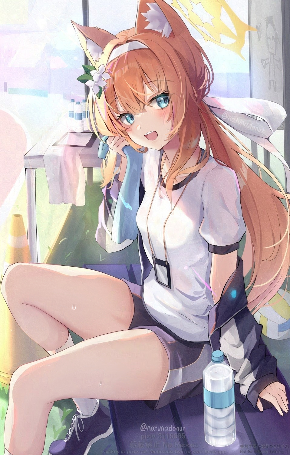 1girl animal_ear_fluff animal_ears black_footwear black_shorts blue_archive blue_eyes blush bottle doodle_sensei_(blue_archive) gym_shirt gym_shorts gym_uniform hair_between_eyes halo highres jacket long_hair long_sleeves looking_at_viewer mari_(blue_archive) mari_(track)_(blue_archive) natuna_natu official_alternate_costume open_mouth orange_hair sensei_(blue_archive) shirt shoes short_sleeves shorts smile socks solo track_jacket twitter_username water_bottle watermark white_shirt white_socks yellow_halo