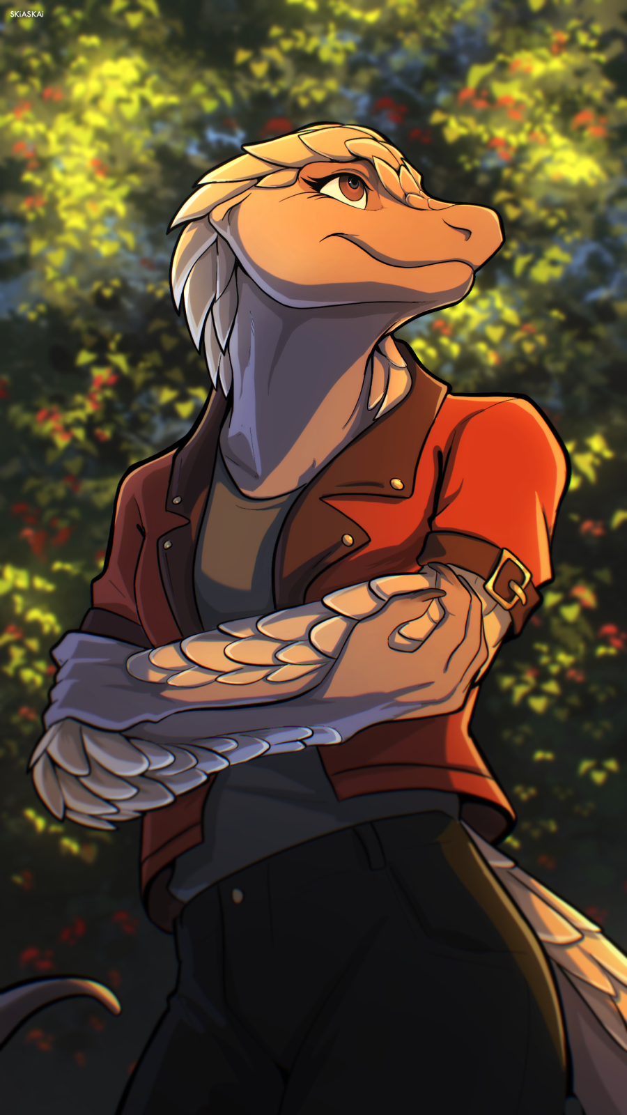 anthro bust_portrait clothing crossed_arms female hi_res jacket legend_of_ahya mammal moira_baccharin_(darkflamewolf) pangolin plant portrait pseudo_hair scale_hair scales skiaskai smile solo topwear