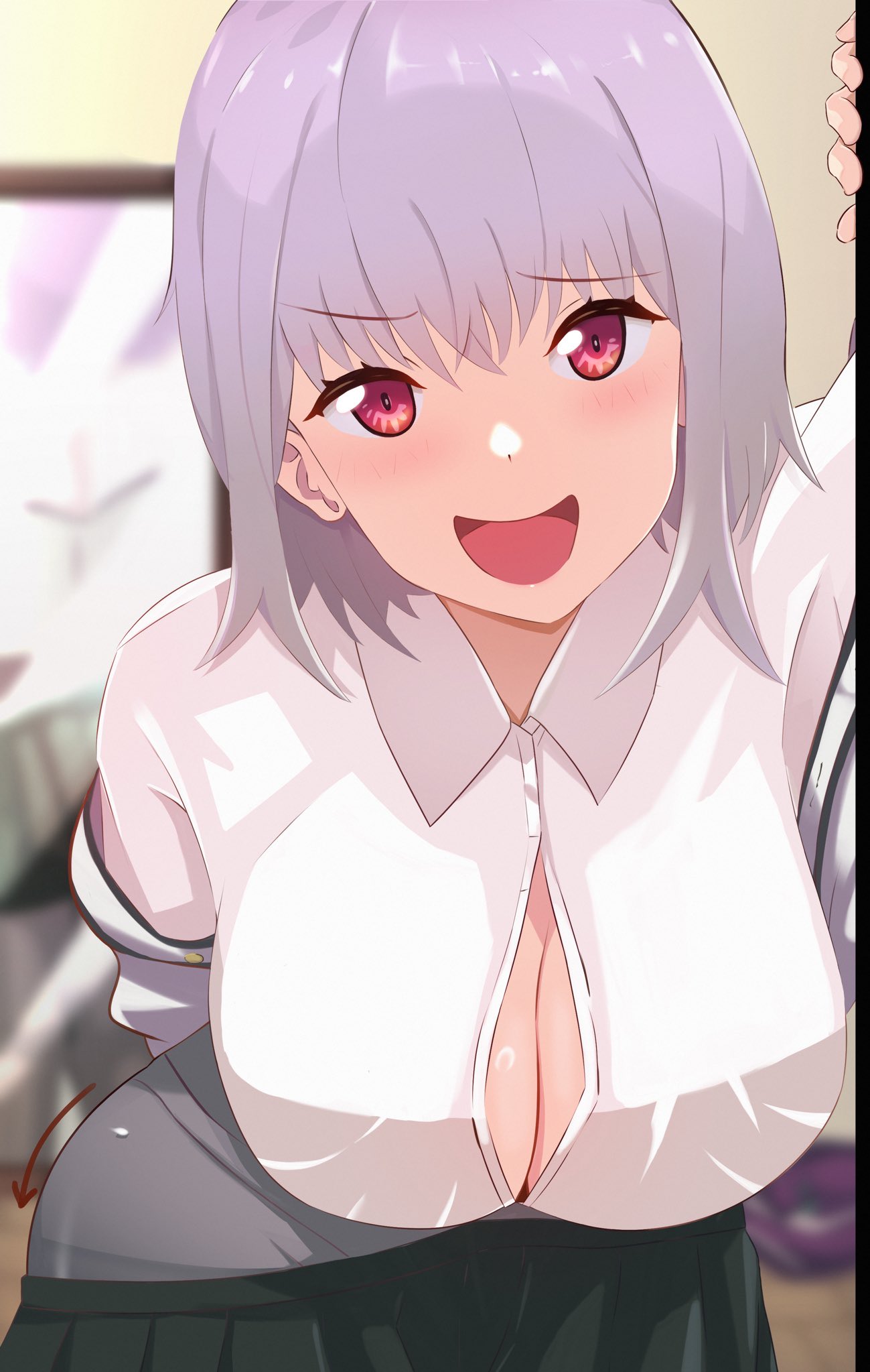 1girl breasts cleavage green_skirt gridman_universe highres inemurisheep113 looking_at_viewer office_lady pink_eyes shinjou_akane shirt short_hair skirt ssss.gridman unbuttoned unbuttoned_shirt white_shirt