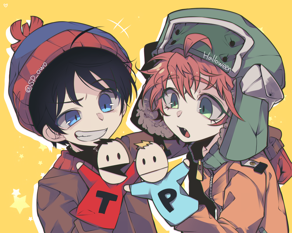 2boys ahoge arm_on_shoulder beanie black_hair blue_eyes fur_hat gloves green_eyes grin halloween_(owo) hand_puppet hat jacket kyle_broflovski long_sleeves male_focus multiple_boys open_mouth orange_hair phillip_niles_argyle pom_pom_(clothes) pom_pom_beanie puppet smile south_park stan_marsh terrance_henry_stoot ushanka yellow_background